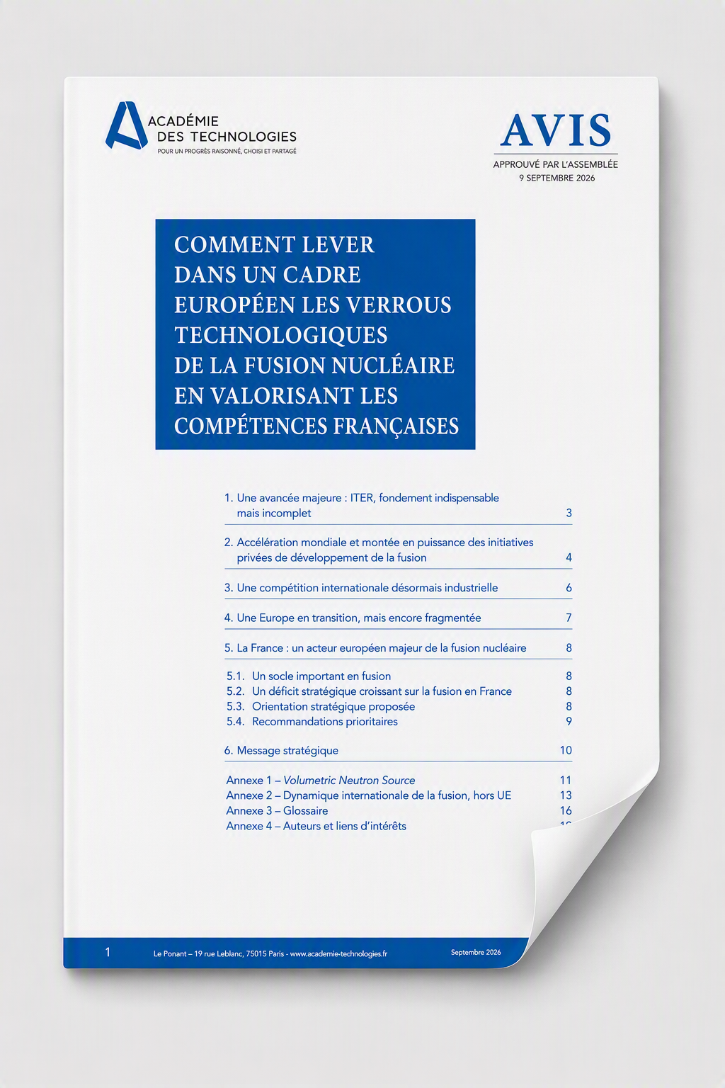 Couverture de l’avis de l’Académie des technologies sur les verrous technologiques de la fusion nucléaire et le rôle de la France dans une stratégie européenne de développement de la fusion.